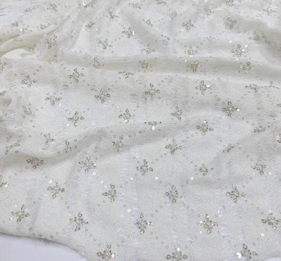Cream white beaded fabric by the yard