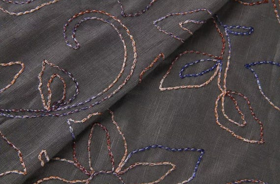 Embroidery linen cotton fabric, Embroidered linen fabric by the yard
