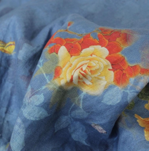 Print floral linen fabric by the yard