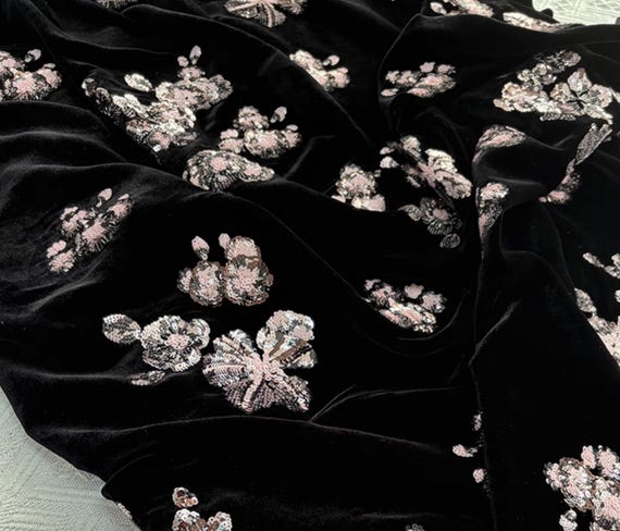 Sequins Embroidery Silk velvet fabric, Embroidered Fabric by the yard