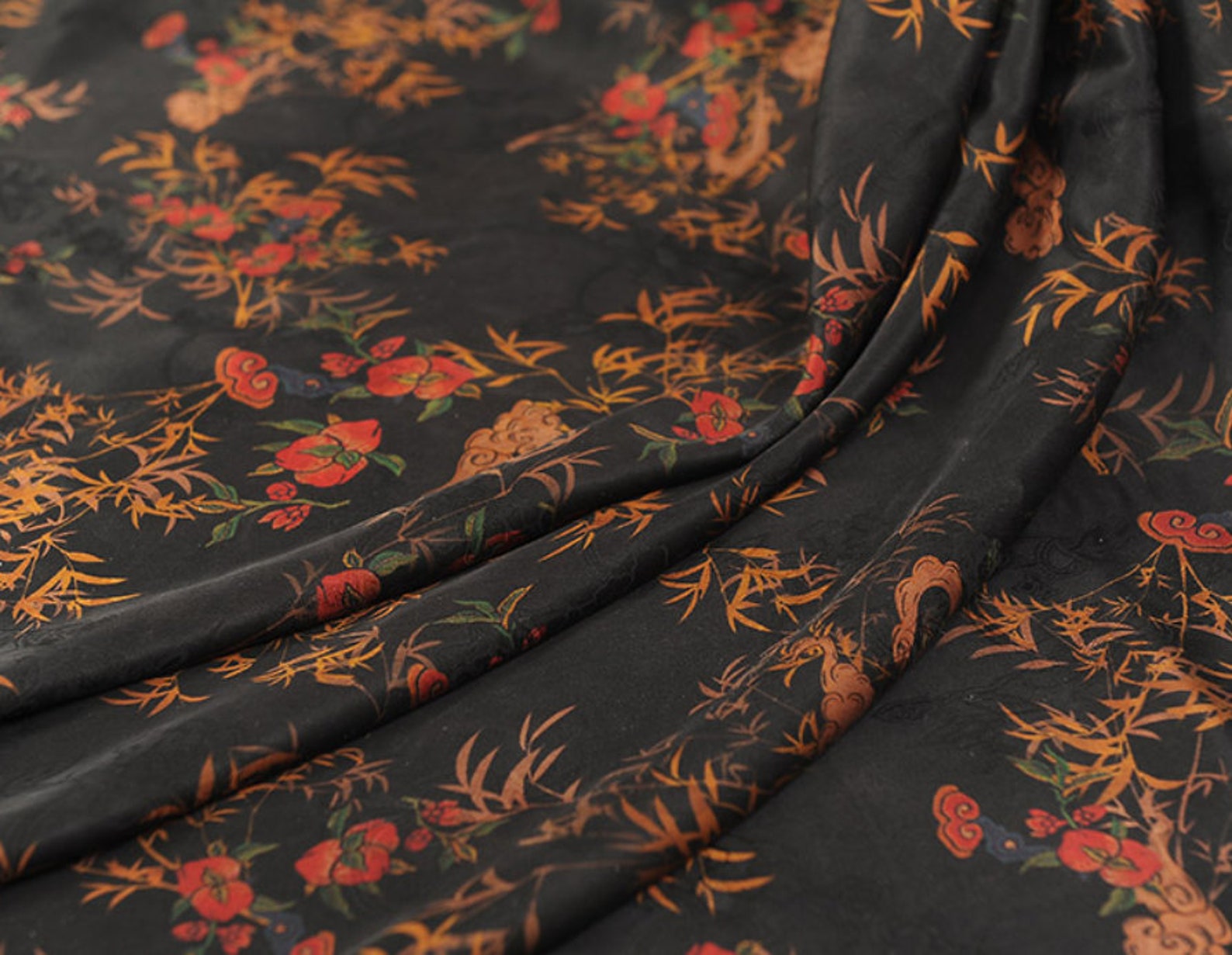 Print floral jacquard Watered silk fabric Gambiered Canton Etsy