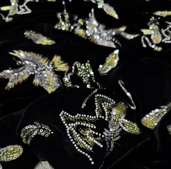 Sequin Beaded Embroidery velvet silk fabric by the yard