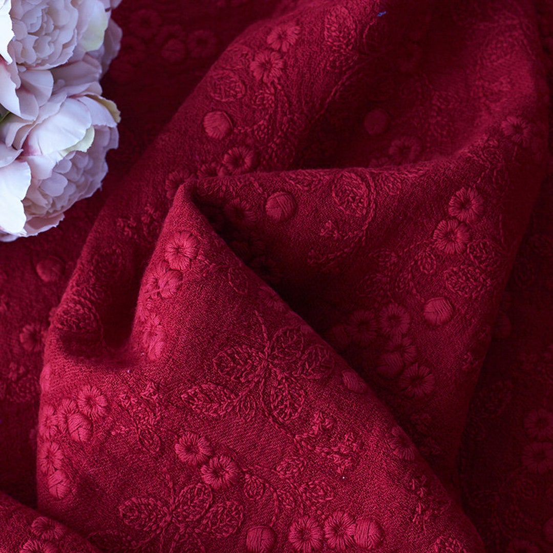 Red Embroidery Linen Fabric Embroidered Linen Cotton Fabric Etsy