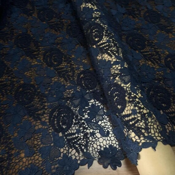 Navy Embroidery flowers lace fabric by the yard