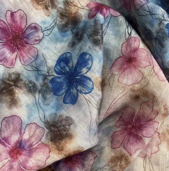 Print floral linen fabric by the yard