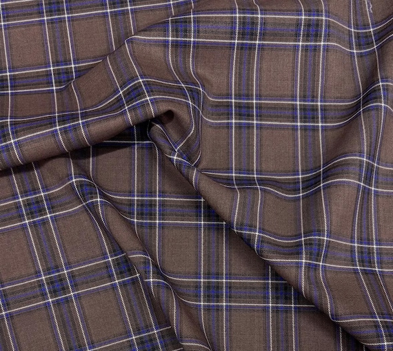 Coffee Blue Plaid Worsted Wool fabric by the yard