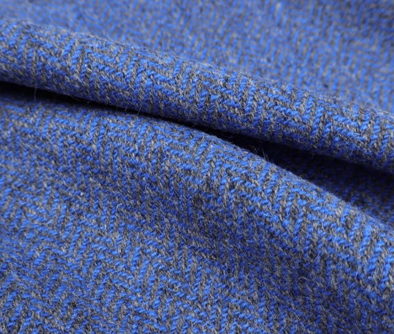 Blue Herringbone wool fabric by the yard
