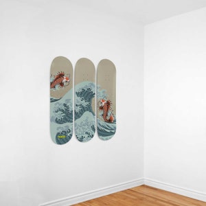 Fish Koi Yin Yang In The Great Wave Of Kanagawa Triple Skateboard Wall Art - Made In USA