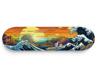 Könnte beinhalten: Ein Skateboard-Deck mit einer farbenfrohen Grafik einer großen Welle, die an einem felsigen Ufer zerschellt. Die Sonne geht im Hintergrund unter, und der Text "Blown Away" ist auf dem Deck zu sehen.