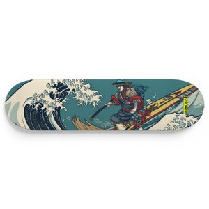 May include: A skateboard deck featuring a graphic of a man riding a wave with a sword. The wave is blue and white and the man is wearing a red and blue robe. The text "Blown Away" is on the side of the board.