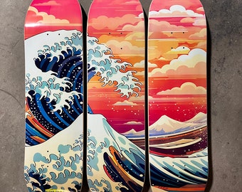 Colourful Futuristic the Great Wave of Kanagawa Triple Skateboard