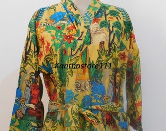 Cotton Kimono Robe Dressing Gown Farida Kahlo Print Bridesmaid Robe Beach Kimono For Her