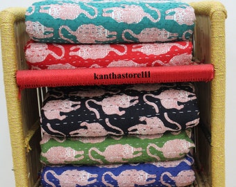 Animal Print Kantha Bedspread: Handmade Indian Cotton Throw, Queen/Twin Bedcover