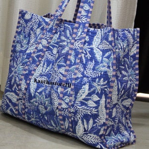 Handgefertigte Baumwolle Gesteppte Einkaufstasche Blau Floral Gedruckt Handtasche mit Innentaschen Lebensmittel Einkaufstasche Für Sie