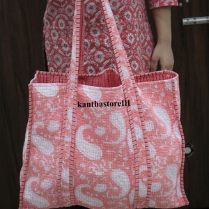 Hand Block Print Cotton Quilted Tote Bag Indian Hand Quilt Shoulder Bag For Women Gift