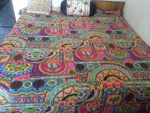 Trapunta Kantha vintage con blocchi a mano: coperta boho floreale retrò - Italia