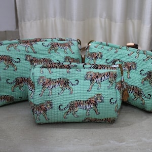 Set of 3 pieces cotton toiletry bags handmade tiger print Indian cosmetic pouch set for her