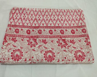 Pink Floral Kantha Quilt: Hand Block Printed Cotton Bedspread