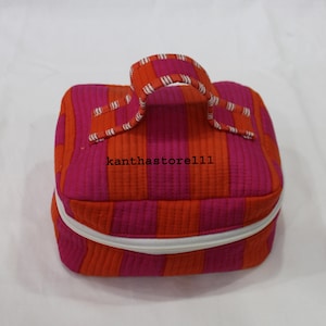 Borsa da toilette con stampa a righe, fatta a mano, organizer per il trucco da donna, pochette cosmetica stampata a mano, regalo per lei