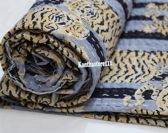 Hand stitched Tiger Block Print Kantha Bedcover : Vintage Indian Bedspread Throw