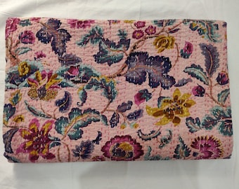 Handmade Indian Kantha Quilt: Pink Floral Twin Bedspread