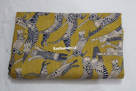 Indian handmade block print cat kantha bedcover: home decor sofa lightweight throw