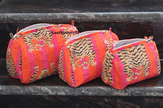 Handmade Tiger Print Toiletry Bag Set: Cotton Stripe Bridal Makeup Bags