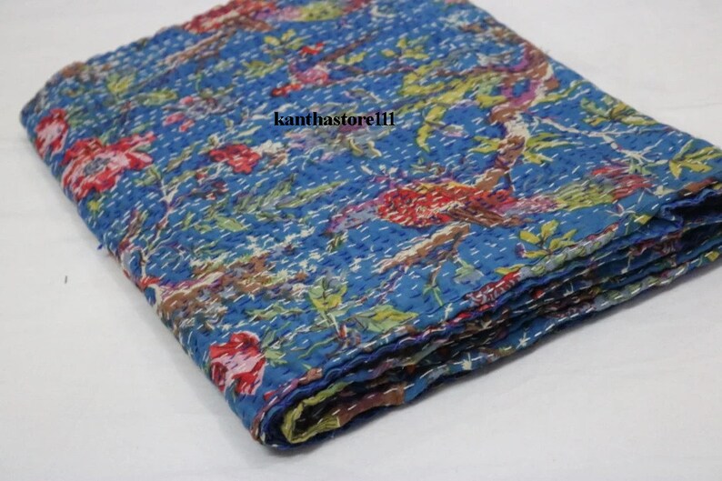 Bird Print Blanket Throw Handmade Kantha Bedspread Throws Home Décor