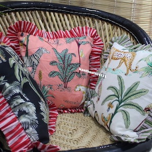 Jungle Print Cotton Cushion Cover: Square Frill Pillow