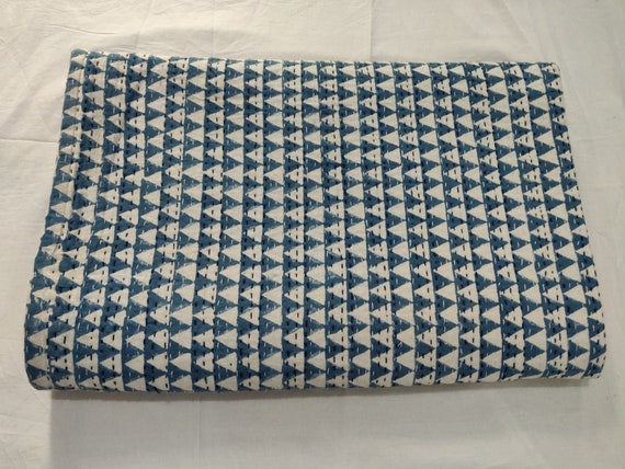 Handmade Indian Kantha Quilt: Hand Block Print Cotton Bedcover