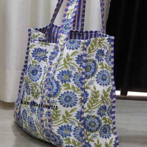 Gesteppte Einkaufstasche Floral handgemachte Baumwolle Handtasche Einkaufstasche mit indischem Block-Print für Frauen