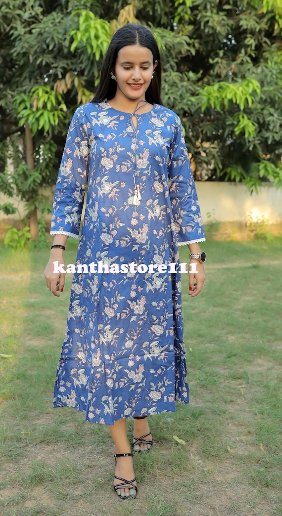 indian print cotton dresses Hand Block Printed Cotton Dress: Indian Long Gown Tunic Summer Dress