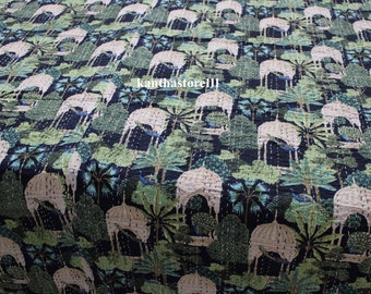Black Peacock Print Handmade Kantha Quilt; Indian Cotton Summer Bedspread