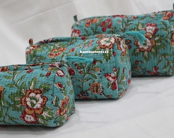 Indian quilted toiletry bag Handmade cotton new floral print travel case