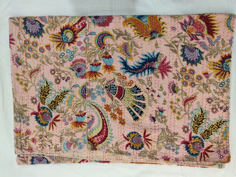 Handmade Vintage Blue Floral Kantha Quilt Throw Cotton Blanket Bedspread Gudari