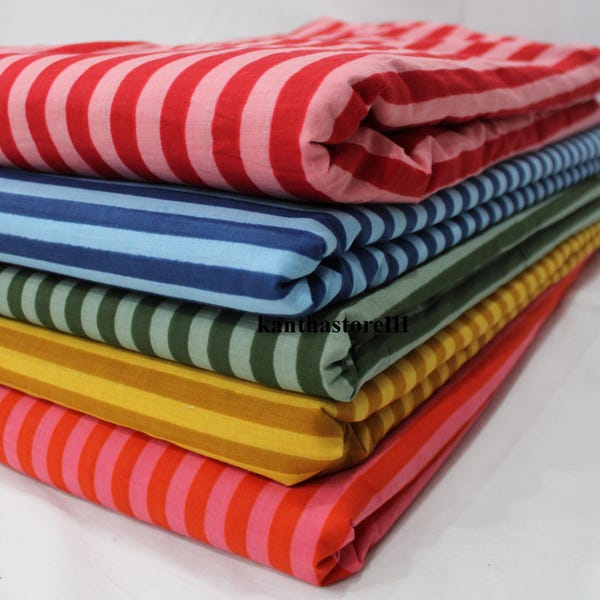 Hand Printed Striped Cotton Fabric - Lightweight Craft Material