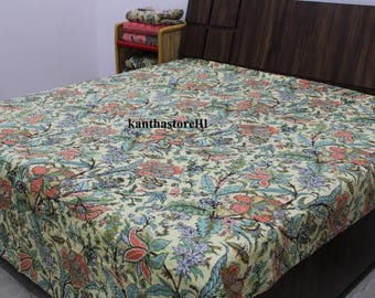 Handmade Indian Kantha Quilt Throw: Butterfly Print Cotton Bedcover