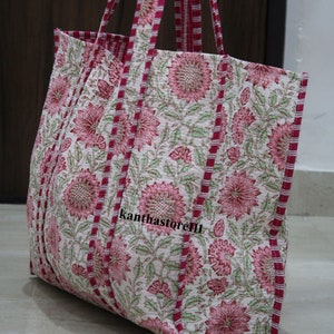 Indian Quilted Tote Bag Floral Block Print Hand Bag Women Grocery Shopping Bag Gift For Her