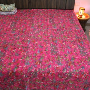 Handmade Indian Kantha Quilt: Bird Print Cotton Bedspread