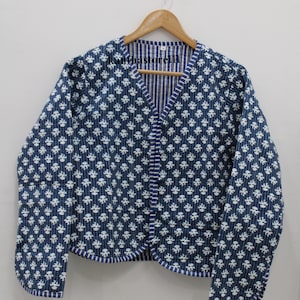 Block Printed Reversible Cotton Quilted Jacket Handmade Indian Jacket For Women