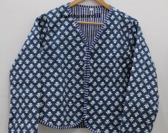 Block Printed Reversible Cotton Quilted Jacket Handmade Indian Jacket For Women