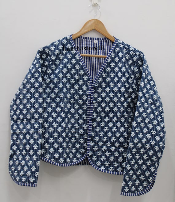 Block Printed Reversible Cotton Quilted Jacket Handmade Indian Jacket For Women
