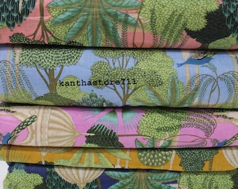 Hand Printed Cotton Fabric By The Yard: Peacock Jungle Print
