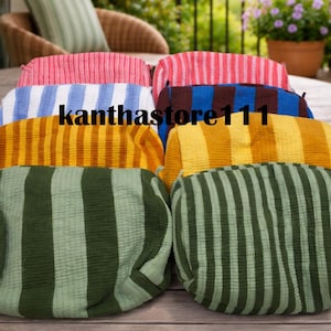 Bolsa de maquiagem de algodão listrado com estampa manual: bolsa de higiene com borla