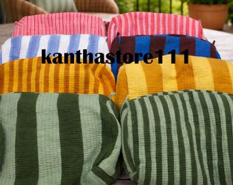 Handprinted Striped Cotton Makeup Pouch: Toiletry Bag with Tassel