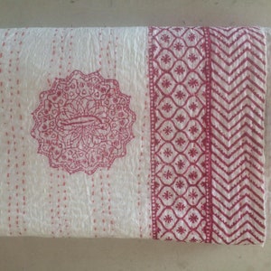 Handmade Red Floral Kantha Quilt: Lightweight Cotton Bedspread