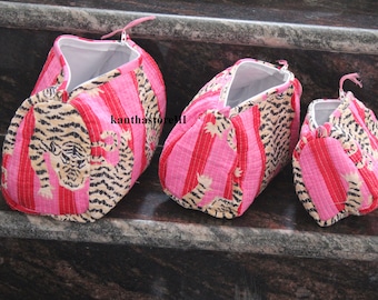 Indian Tiger Print Toiletry Bag: Striped Quilted Cotton Makeup Pouch