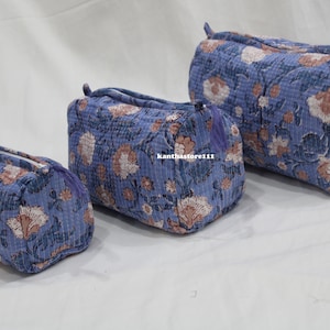 Pochette à imprimé floral fait main, trousse de toilette vintage indienne matelassée de 3 pièces, trousse à cosmétiques