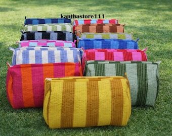 Cotton Hand Print Stripe Toiletries: Quilted Cosmetic Zipper Pouch Bags