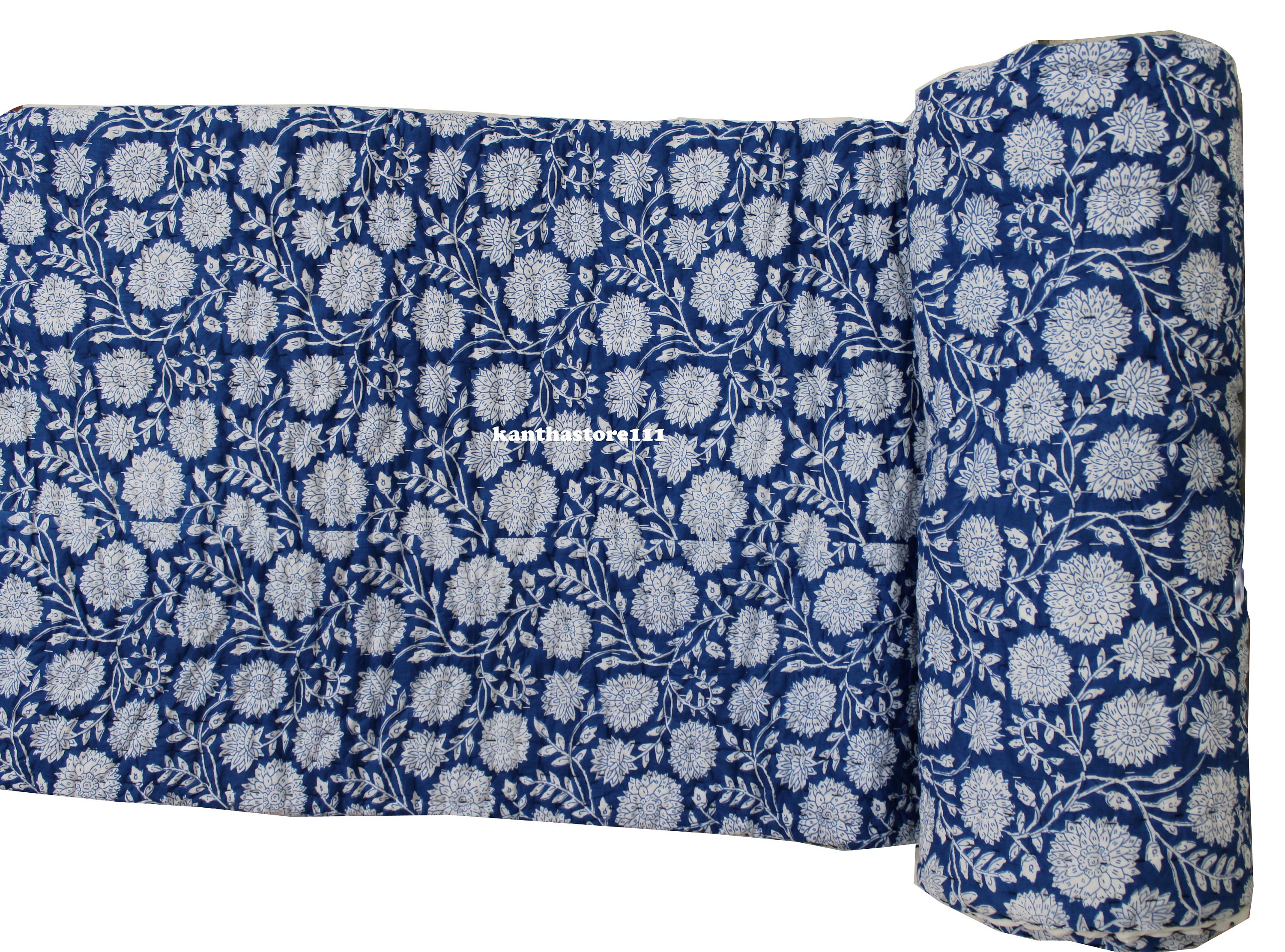 Edredón Kantha Con Estampado Floral Verde A Mano: Colcha De Algodón Indio - México